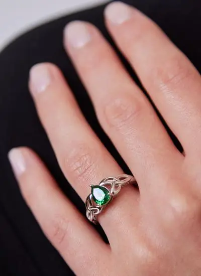 Sterling Silver Trinity Knot Ring with Green Stone